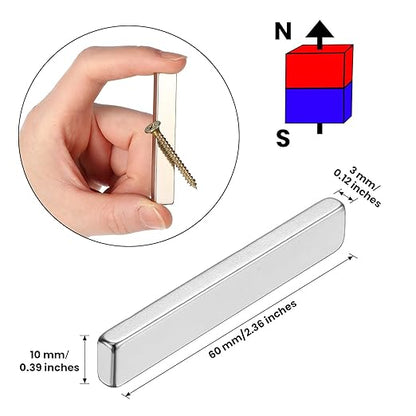 Hicarer 60 Pack Neodymium Rare Earth Bar Magnet Heavy Duty Rectangular Thin Bar Magnet Strip with Double Sided Adhesive for DIY Fridge Kitchen Office, 60 x 10 x 3 mm