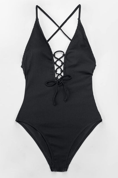 CUPSHE Women's Solid Color V Neck Lace Up One Piece Swimsuit