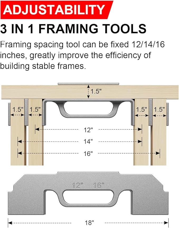 Kolvoii 3 in 1 Framing Tools, 12", 14"  16" On-Center Stud Layout Tool, 100 Cast Aluminum Framing Jig, Stud Framing Tool for Walls, Roofs, Floors or Ladders