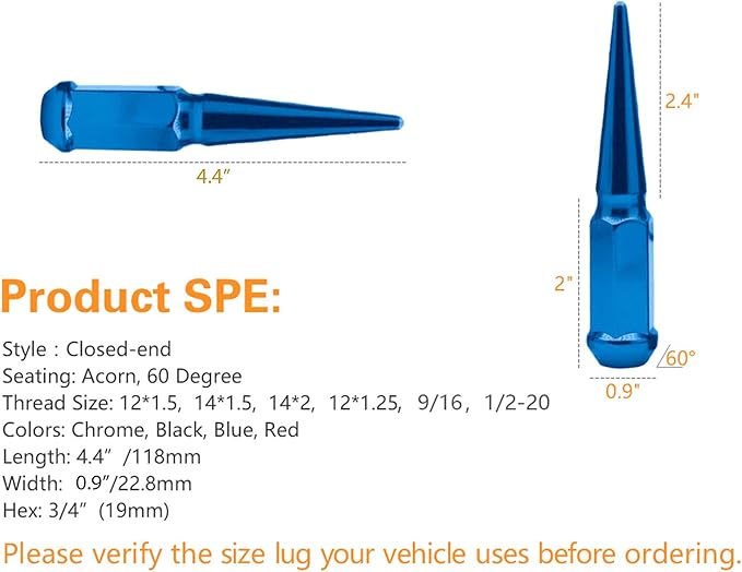 Thread Size: 12 x 1.25 Acorn Seat Solid Metal Spike Lug Nut Closed End Tuner Wheel Rim Tire Screw Refit, Blue
