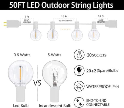 GOOTHY 50Ft LED String Lights, G40 LED Outdoor String Lights with 22 Shatterproof Globe LED Bulbs (2 Spare), IndoorOutdoor Decoration String Lights for Patio Garden Bistro Backyard -White Wire