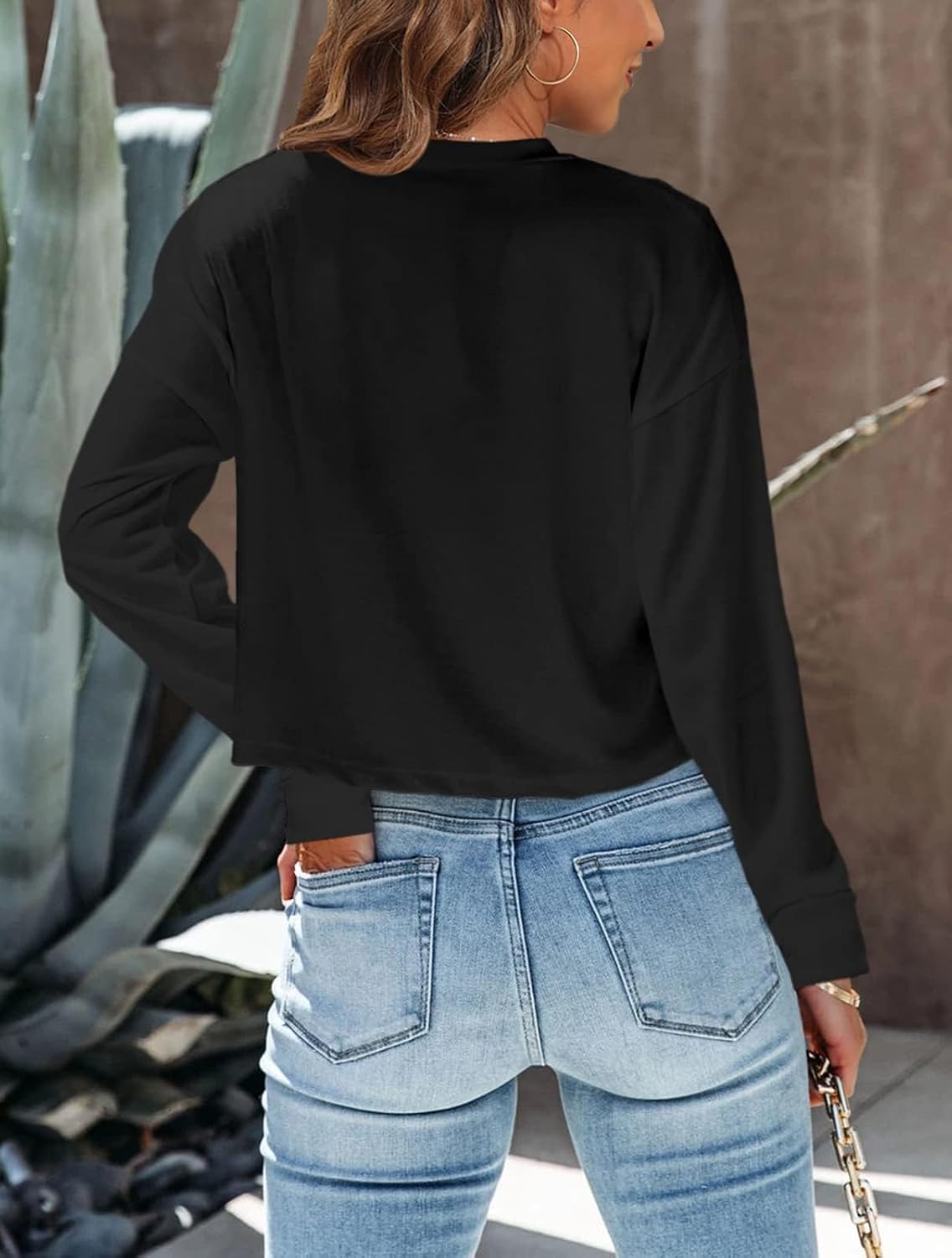 Tankaneo Womens Long Sleeve Crop Tops Oversized Cropped Tshirt | Fall,Loose Fit,Crew Neck,Casual Shirts,Basic Tee
