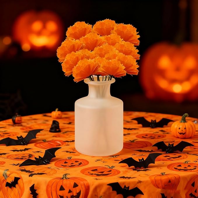 50Pcs Artificial Marigold Flower Heads Silk Marigold Flowers Dia De Los Muertos Bulk Fake Artificial Flowers with 50pcs Stem for Day of The Dead/Halloween/Cake/Desktop/wreath DIY Decorations (Orange)