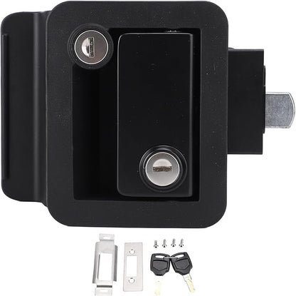 RV Door Lock, Enhanced Security for Motor Home Travel Trailer, Zinc Alloy with Switch, and Wearproof, Black Design, Dual Lock with Matching Keys, Dust Protection Foam, Screw