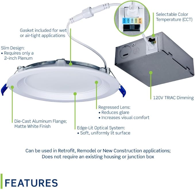 Leviton DBR60-S1W Baffle Slim Downlight, 6" Round, White