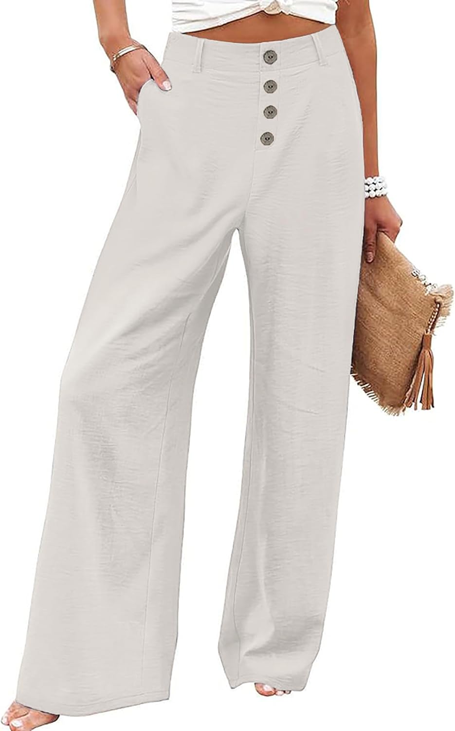 Womens High Waisted Wide Leg Palazzo Pants Casual Lounge Boho Flowy Pants with Pockets