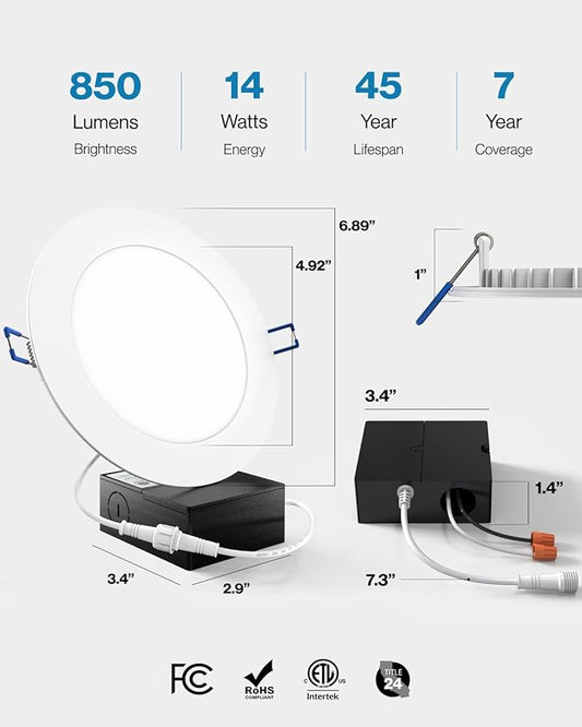 Sunco 4 Pack 6 Inch Ultra Thin LED Recessed Ceiling Lights Slim, 5000K Daylight, Dimmable, 14W100W, Wafer Thin, Canless with Junction Box - ETL.