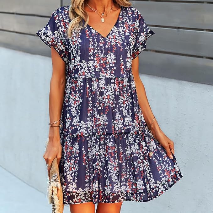 Alafime Women' s Cutecore Floral Print Dresses Y2k Casual Short Sleeve Dress Summer Loose Flowy Streetweras Trendy Clothes