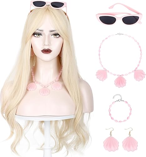 WeKen Women Pink Sunglasses+Shell Necklace+Pink Shell Shape Earrings+Pink Bracelet Set Costume Dress Up Accessories for Women 4 Piece (Wig not Included)