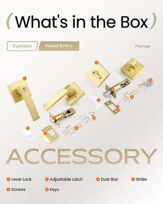 Leydebong 1 Pack Gold Entry Door Locksets with Single Cylinder Deadbolt, Front Door Lock Set, Heavy Duty Entrance Lever Door Handle Single Keyed Square Deadbolt Lock