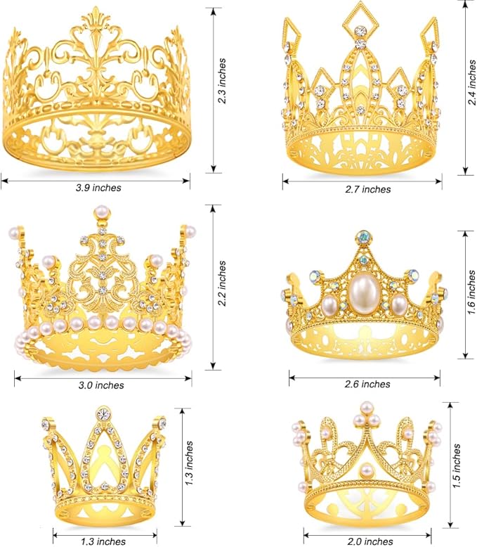 Gold Crown Cake Topper, 6 Pieces Happy Birthday Cake Toppers, Princess Crown Cake Decorations, Mini Crowns for Flower Arrangements, Birthday, Wedding, Party Decor (Gold-I, 6)