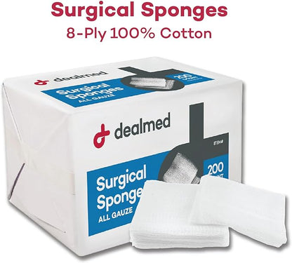 Dealmed 2" x 2" Surgical Sponges, 8-Ply, Non-Woven Absorbent Gauze Sponges for Wound Care, First Aid Kits and Medical Facilities, 200 Count (Pack of 1)