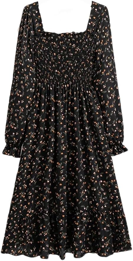 Women Casual Dress Long Sleeve Printed Floral Elastic Chest Lace Up A-Line Midi Chiffon Dresses