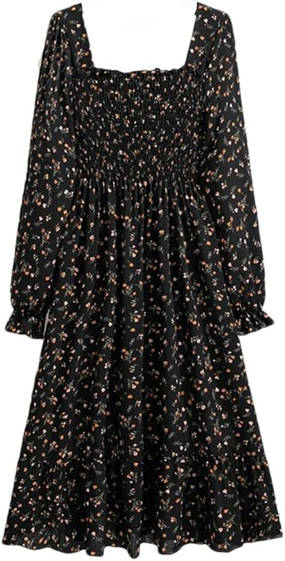 Women Casual Dress Long Sleeve Printed Floral Elastic Chest Lace Up A-Line Midi Chiffon Dresses