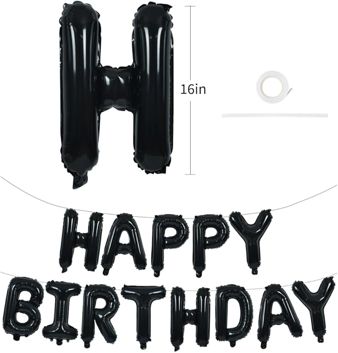 16 Inch Black Happy Birthday Balloons Banner Decorations for Men Reusable Foil Letter Birthday Sign Black Birthday Decoration for 16th 30th 50th 60th Boys Adults and Halloween Birthday Party
