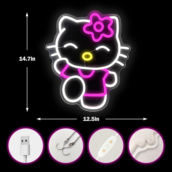 Hello Kit Neon Sign Dimmable Kitty Neon Sign Kawaii Cat Anime Neon Sign Kitty Room Decor Lights for Girl's Room Child Bedroom Birthday Halloween Christmas Gift 14.7AoAox12.5AoAo