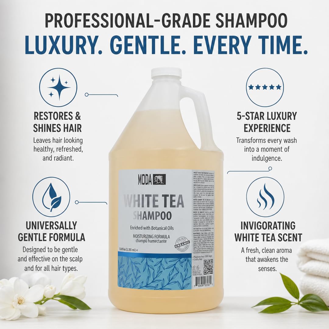 MODA Hotel & Salon Bulk Shampoo, Damage Control, 128 oz White Tea Professional bulk shampoo for hotels, salons, spas and family homes; vegan, cruelty free and paraben free for dry, curly hair