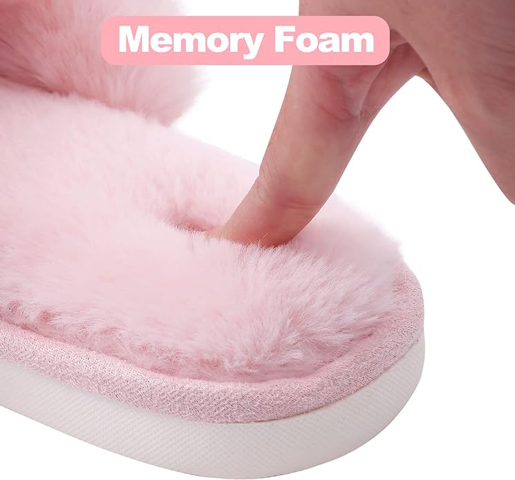 Evshine Women's Fuzzy Slippers Cross Band Memory Foam House Slippers Open Toe