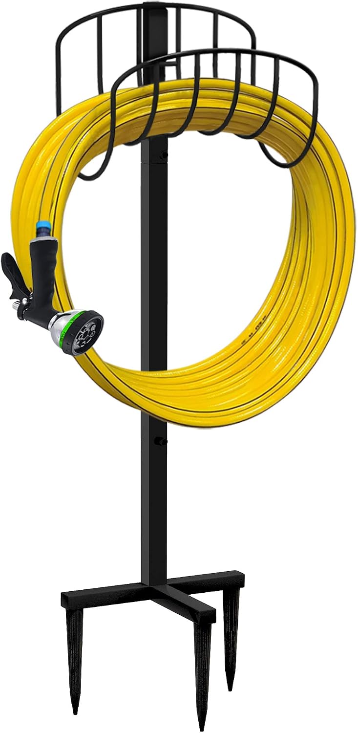Freestanding Garden Hose Holder Hanger, Outdoor Heavy Duty Metal Water Hose Storage Holders Stand Organizer Rack Detachable Stake, Holds 150 Ft of Hoses for Outside Lawn Yard, Black