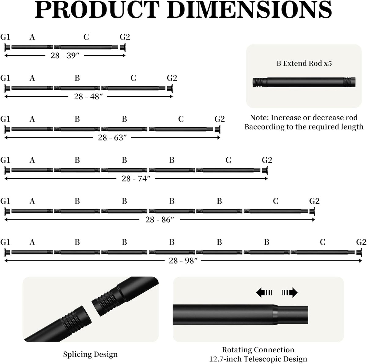 No Drilling Closet Rod, Adjustable Black Closet Rod, 28-98 Inches Closet Tension Rods for Hanging Clothes for Wardrobes, Closet, Laundry & Bathroom