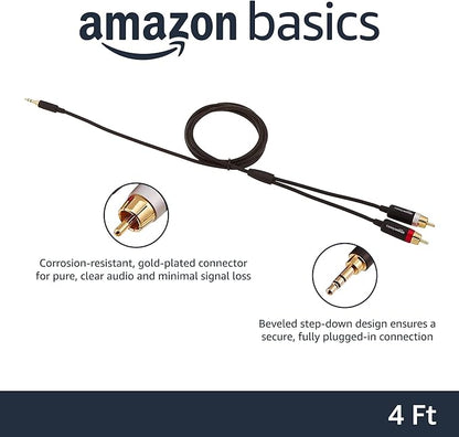 Basics 3.5mm Stereo Aux to 2 x RCA Audio Cable Adapters, 4 Feet1.2 m, for Connecting Amplifiers, Speakers, with Gold-Plated Plugs, Black