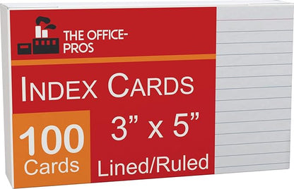 Index Ruled Cards, 100 Pack, 3x5 Index Cards, Ruled On Front, White - 1 Pack Of 100 Cards - Ruled