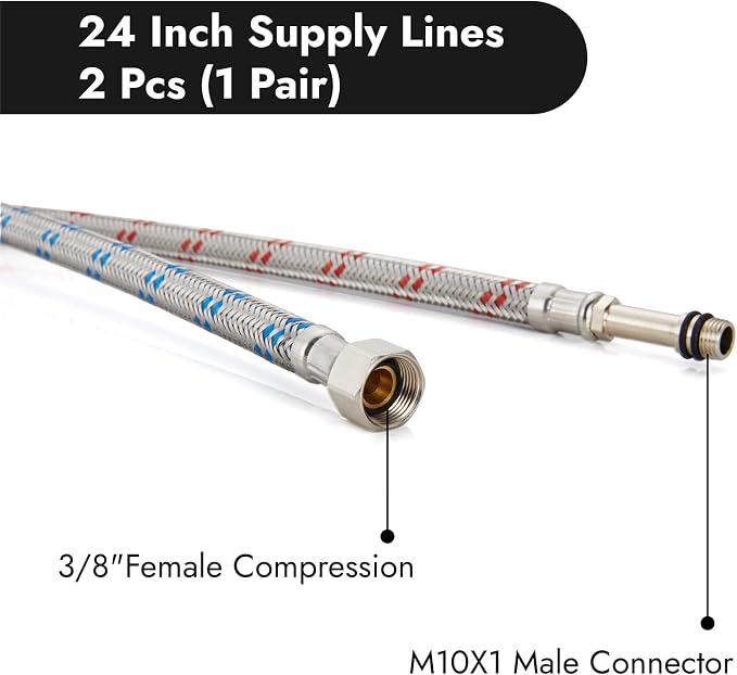 Midanya 24-Inch Long Faucet Water Supply Lines, Braided Stainless Steel Supply Hose 1/2-Inch Female Compression Thread x M10 Male Connector, x 2 Pcs (1 Pair)