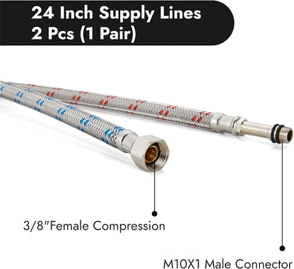 Midanya 24-Inch Long Faucet Water Supply Lines, Braided Stainless Steel Supply Hose 1/2-Inch Female Compression Thread x M10 Male Connector, x 2 Pcs (1 Pair)