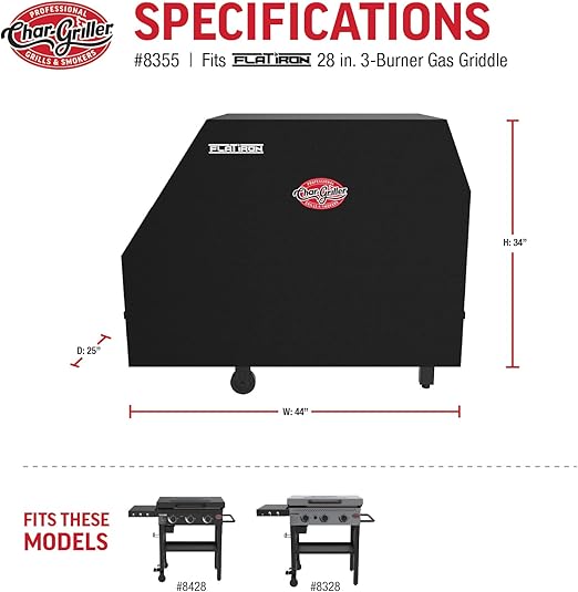 Char-Griller 8355 Flat Iron 3 Burner Outdoor Gas Griddle Grill Cover, Black