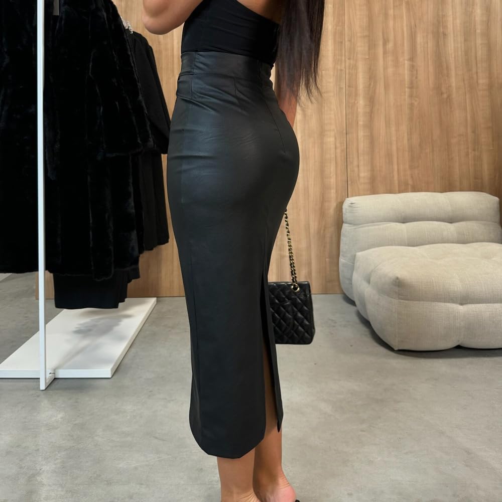 utcoco Womens Long Faux Leather Skirt Bodycon High Waist Slim Pencil Midi Skirt.