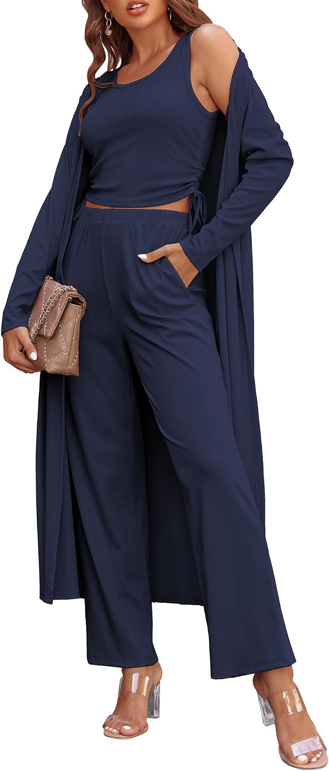 Ekouaer Women's 3 Piece Lounge Set Pajama Long Sleeve Cardigan Sleeveless Top Pants Sweatsuit S-XXL