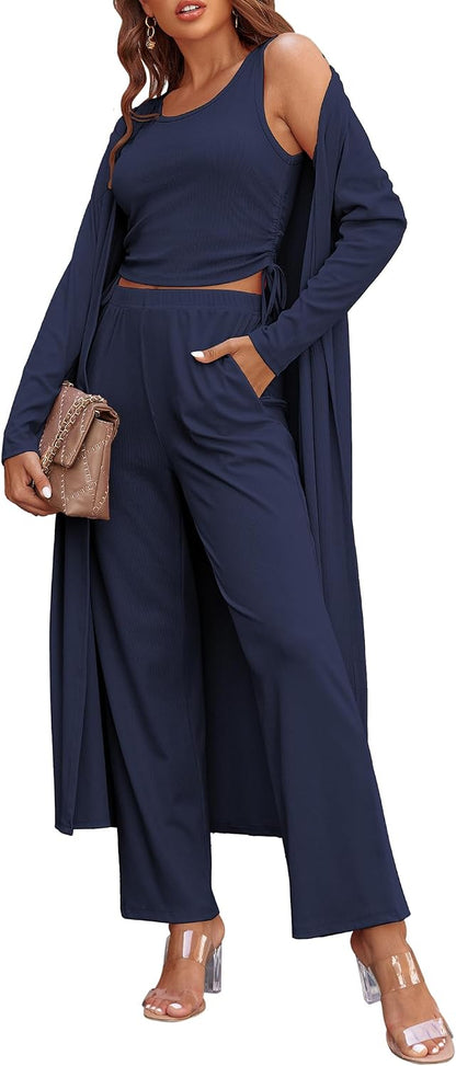 Ekouaer Women's 3 Piece Lounge Set Pajama Long Sleeve Cardigan Sleeveless Top Pants Sweatsuit S-XXL