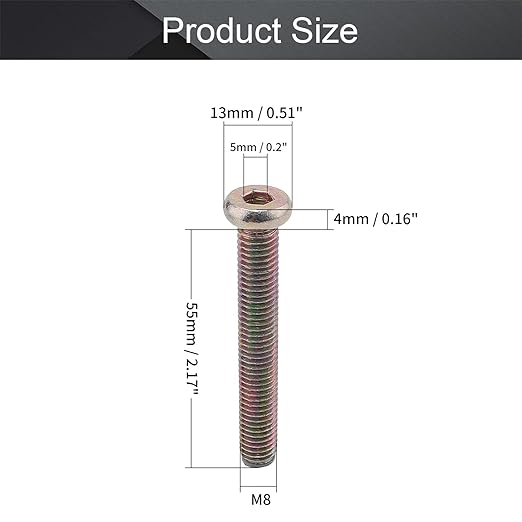 MroMax 15Pcs M8 x 55mm Hex Socket Flat Head Screws, Colorful Zinc Plated Carbon Steel, Fully Threaded, Hex Drive, Socket Cap Furniture Bolts Fastener for Crib, Bed Frame, Chair and Cabinet