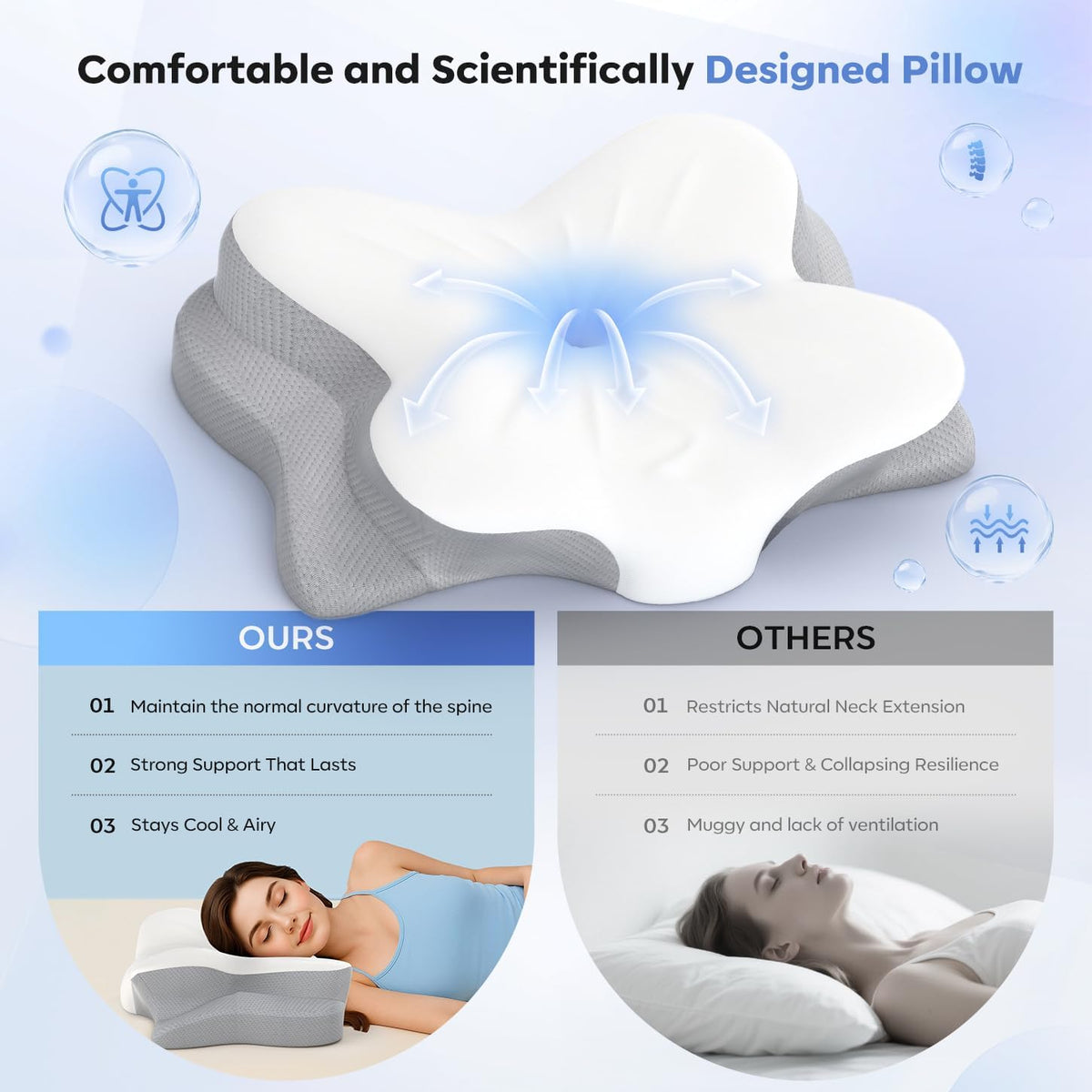 Cervical Neck Pillow, Ergonomic Memory Foam Pillows for Neck Pain Relief with Breathable Pillowcase, Adjustable Contour Neck Support Pillow for Side Back Stomach Sleepers (Dark Gray) (The shade of gray is darker than our image)