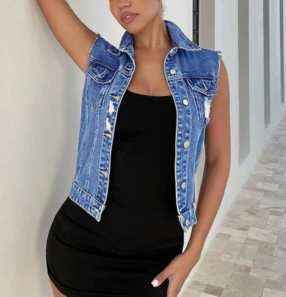 Women's Cropped Denim Vest Top Button Down Sleeveless Jean Jacket Waistcoat Gilet with Pockets