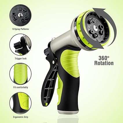 Heavy Duty 9 Function Garden Hose Nozzle with ABS Frame and TPR Grip, Powerful Watering Cleaning Pet Care Tool