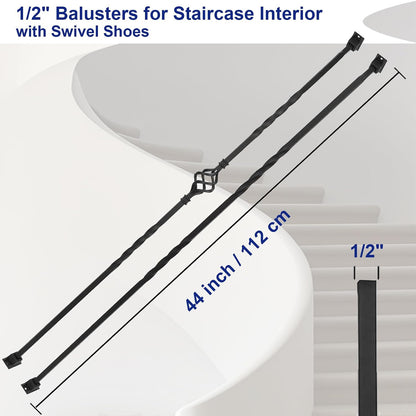 16 Pack Wrought Iron Stair Balusters – 44" Hollow Single Basket & Double Twist Design, 1/2" Square Black Metal Spindles with 32 Swivel Shoes for Indoor/Outdoor Staircase Remodel