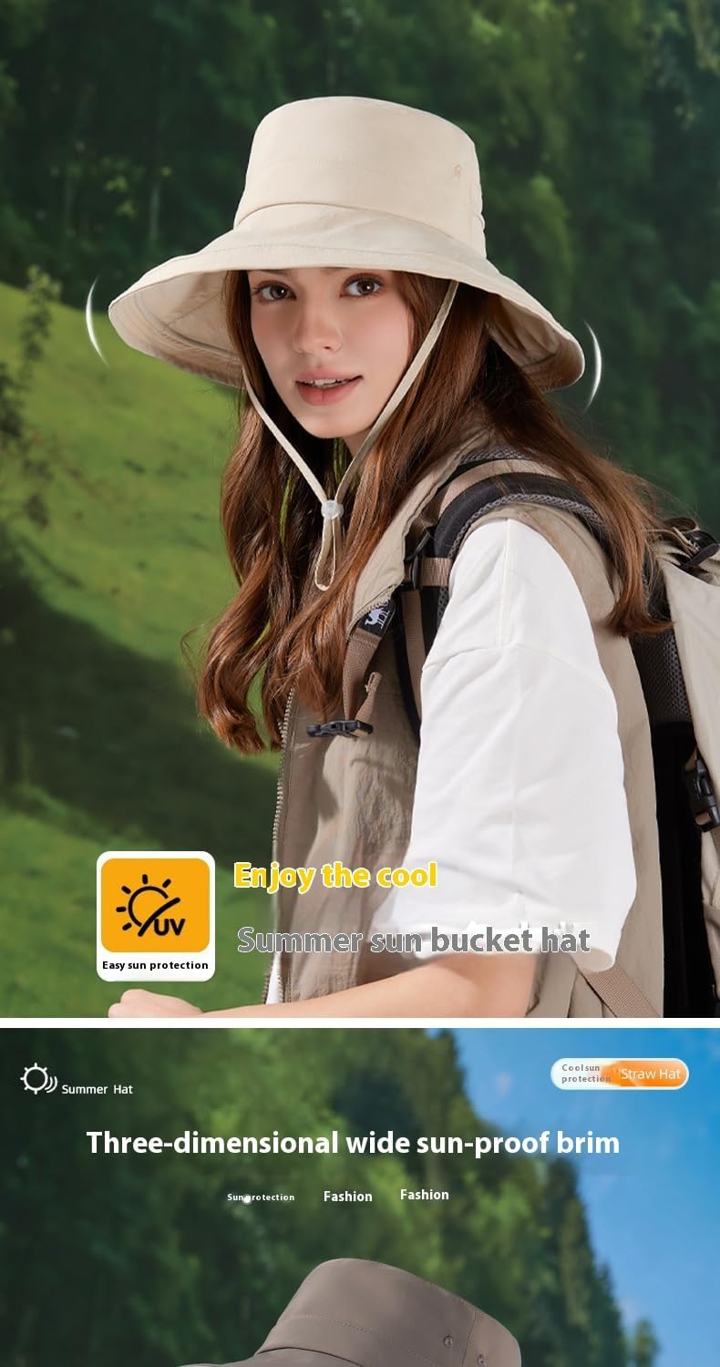 Unisex Wide Brim Nylon Bucket Hat, 11cm Brim, UV Sun Protection, Waterproof Quick-Dry, Adjustable Chin Strap, Lightweight