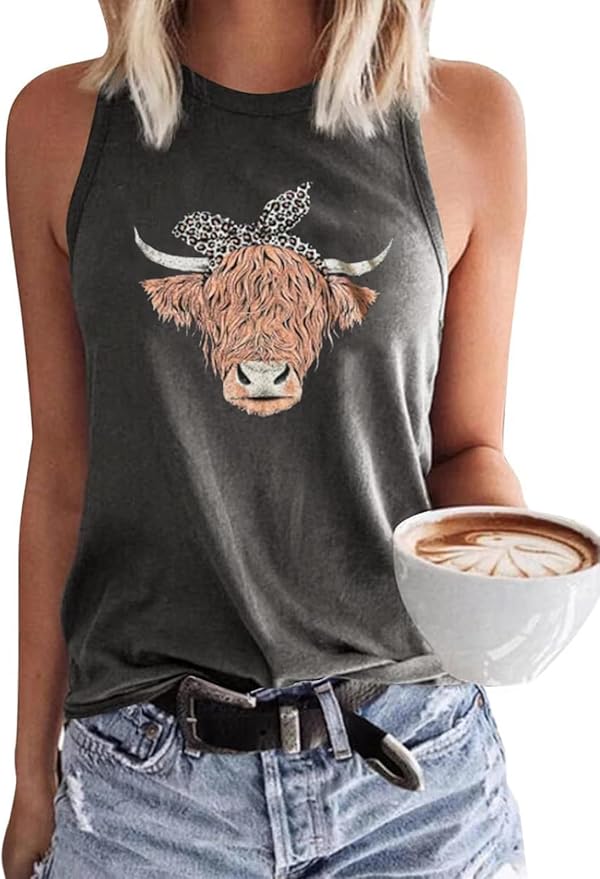 Cow Print Tank Top for Women Western Country Music Vest Shirt Funny Animal Graphic Tops Retro Cowgirl Sleeveless Shirt