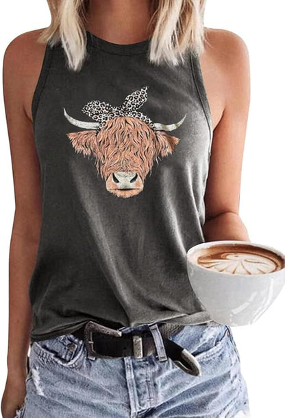 Cow Print Tank Top for Women Western Country Music Vest Shirt Funny Animal Graphic Tops Retro Cowgirl Sleeveless Shirt