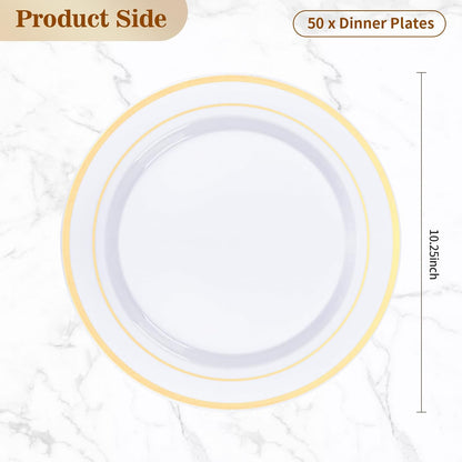 BESTVIP 25PCS Gold Plastic Plates, 10.25 Inch Disposable Dinner Plate Party with Gold Rim, Heavy Duty Disposable Plastic Plates for Christmas, Thanksgiving, Party, Wedding and Birthday