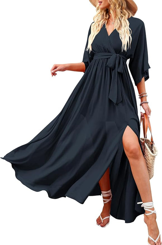 ANRABESS Women’s Summer Loose Boho Flowy Wrap V Neck 3/4 Sleeve Floral Print Slit Beach Wedding Guest Long Maxi Dresses