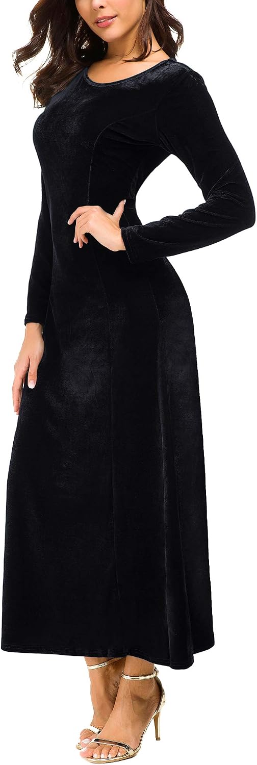 Urban CoCo Women's Elegant Long Sleeve Ruched Velvet Stretchy Long Dress .