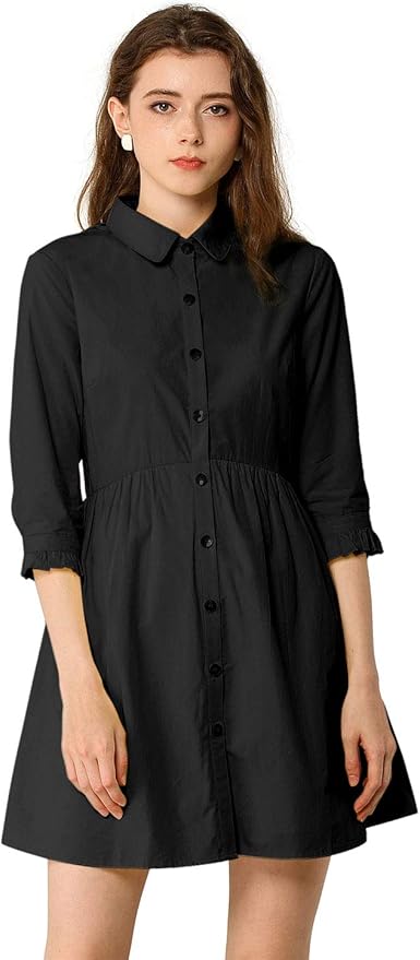 Allegra K Women's Shirt Dress Button Down 3/4 Sleeve School Work Mini Casual Shirtdresses