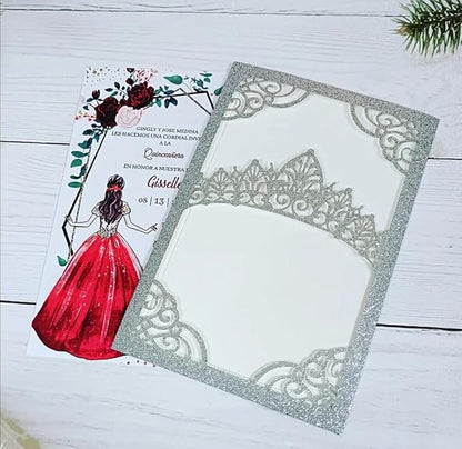 50 Pieces 5  7 Inch Crown Personalized Print Laser Cut Pocket Wedding Card Invitation Gold Silver Glitter Sweet 15 Quinceanera Invites (Silver)