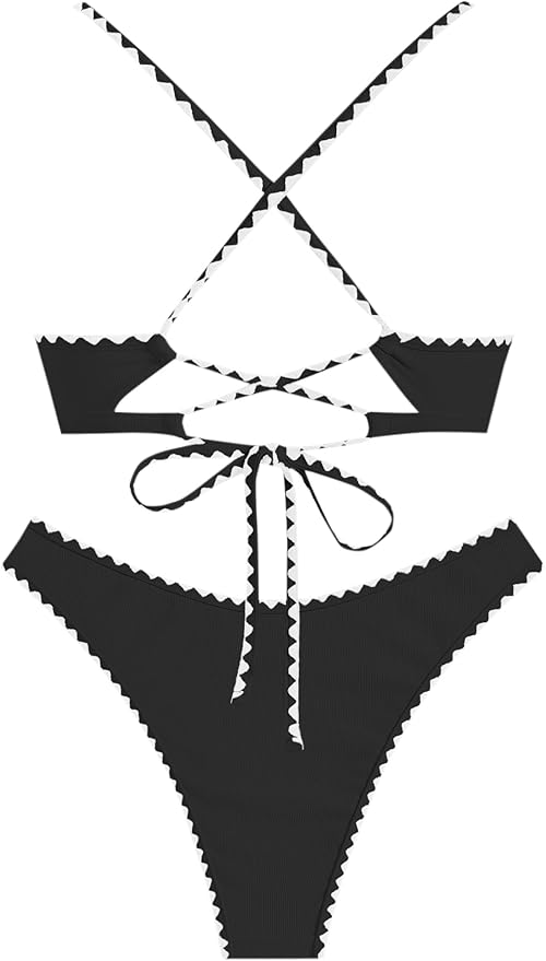 ZAFUL Women's Bikini Set Criss Cross Back Two Piece Swimsuits Scoop Neck Splicing Lace Up Textured Bathing Suits