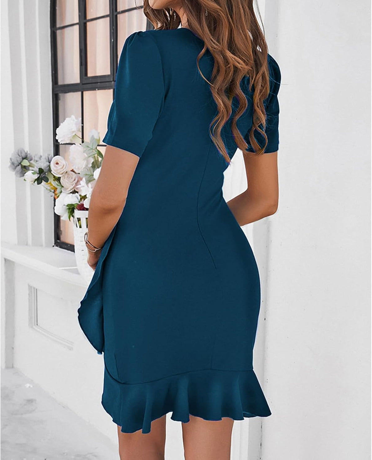 Large Size YNIQUE 2024 Women's Summer Dress Short Sleeves Bodycon Mini Dress Ruched Puff Sleeve Ruffle Hem Cocktail Party Dress