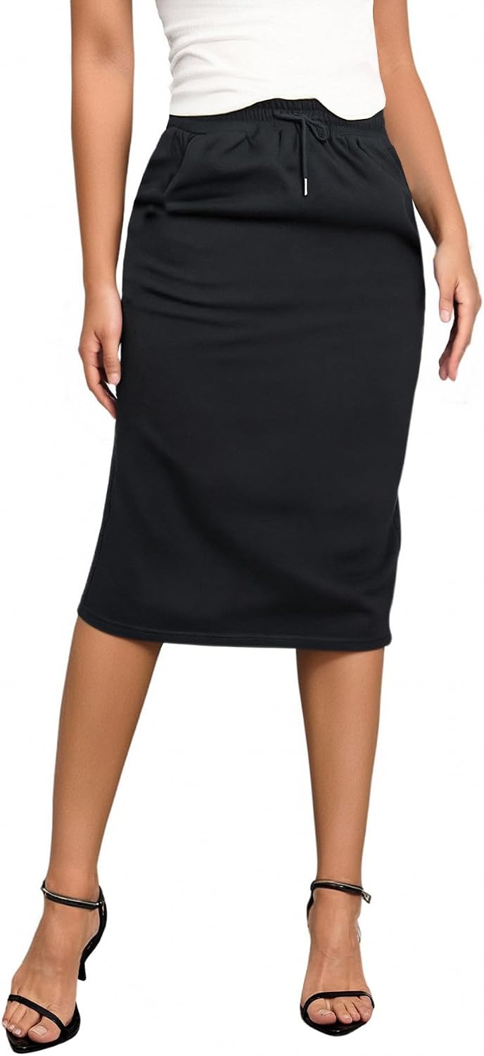 Women's Causal High Waist Midi Skirt Drawstring Solid Athletic Skirt with Pockets