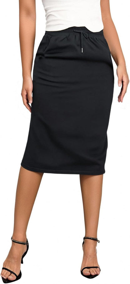 Women's Causal High Waist Midi Skirt Drawstring Solid Athletic Skirt with Pockets