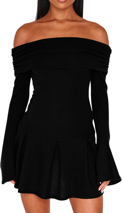 DAAWENXI Women's Casual Off The Shoulder Ribbed Knit Sweater Mini Dress 2025 Fall Long Sleeve A Line Dresses.